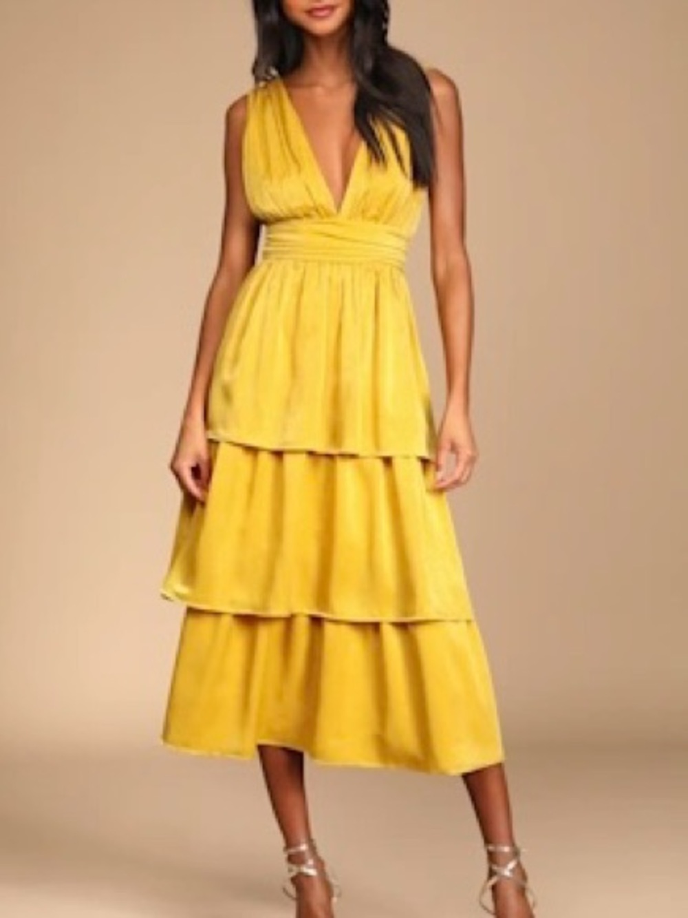 Lulu's Yellow Tiered V-Neck Midi Dress